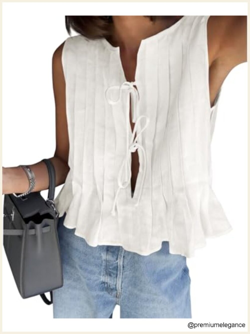 Women's Bow Front Tie Tank Top Pleated Sleeveless Babydoll Shirt